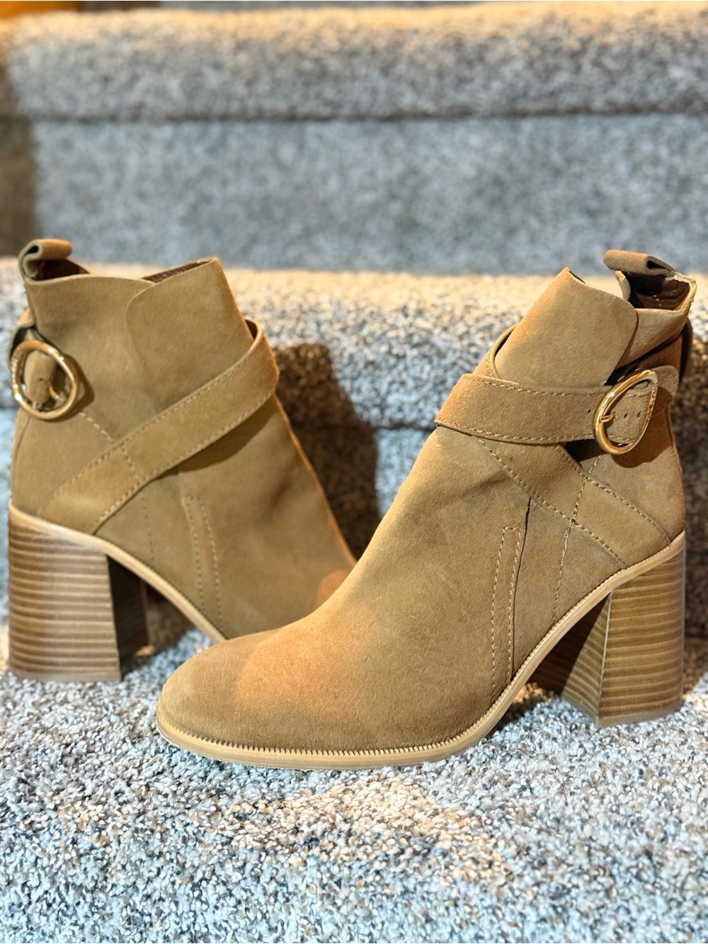See by Chloé Tan Suede Block Heel Booties